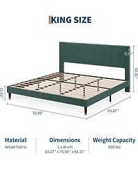 gaomon King Size Upholstered Platform Bed Frame Modern Fabric Headboard Metal Frame Wooden Slats Double Support No Box Spring Green