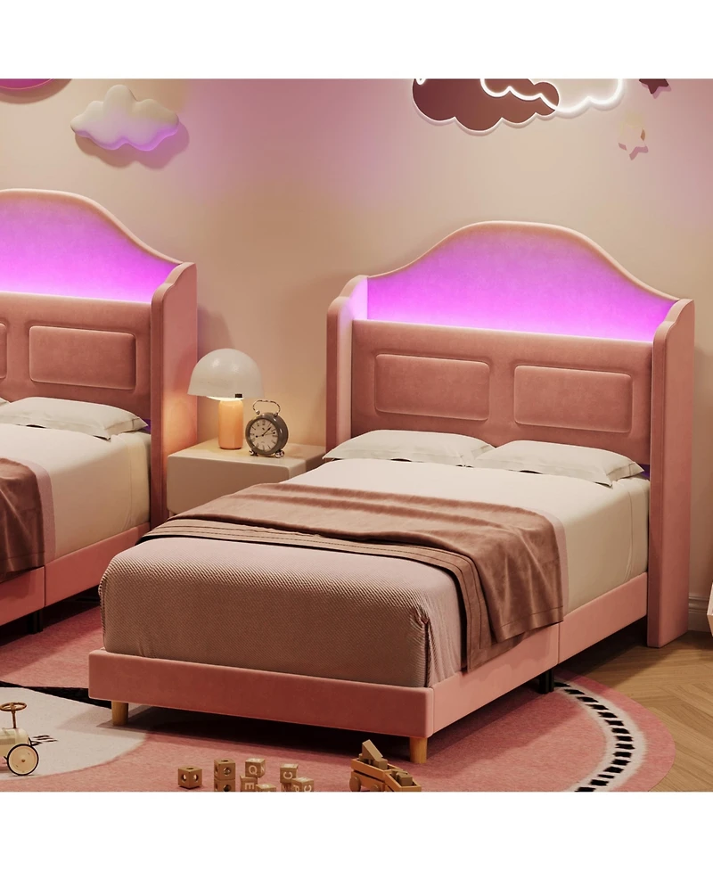 gaomon Velvet Upholstered Led Lights Wingback Headboard & Storage Platform Bed Frame