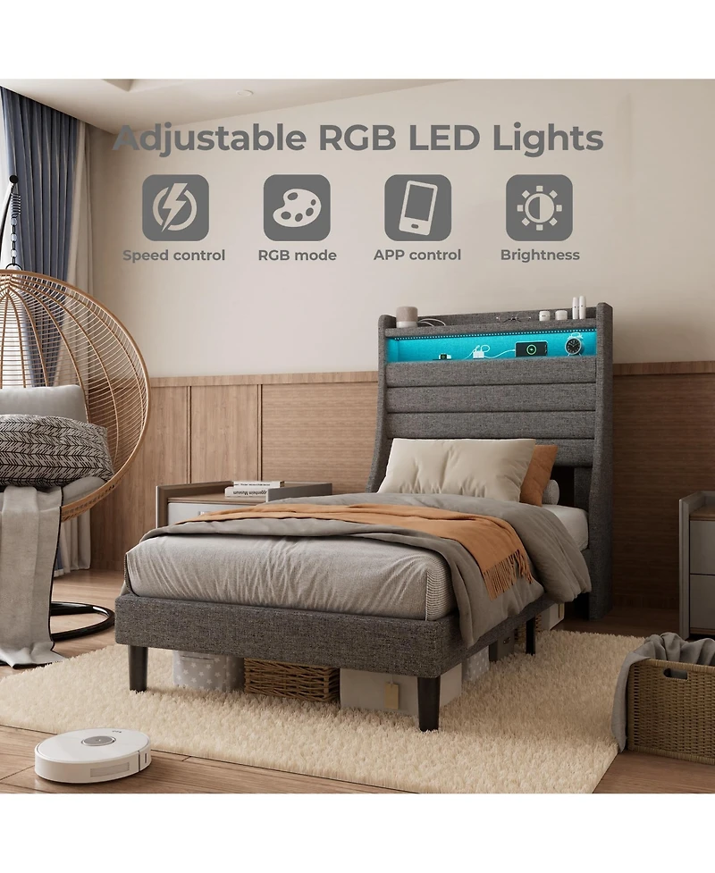 gaomon Usb Charging Station & Led Lights Bed Frame, Twin