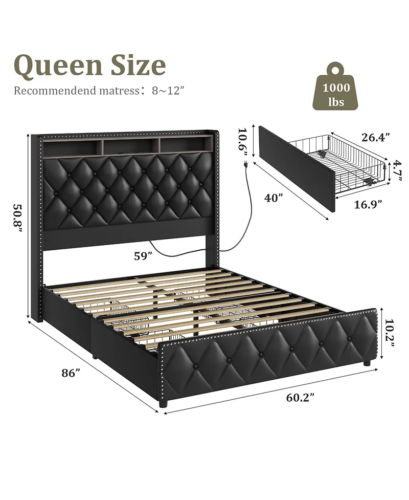 Gaomon Queen Bed Frame with 50.8" Tall Headboard, Platform Velvet Upholstered Bed Frame with 4 Storage Drawers