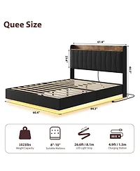 gaomon Floating Bed Frame Queen with Led Lights & Usb Charging Station – Modern Upholstered Platform Bed with Headboard