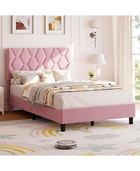 gaomon Pink Full Bed Frame with Upholstered Headboard, Heavy-Duty Platform Bed Frame with Strong Wood Slats, No Box Spring