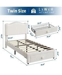 Gaomon Upholstered Twin Bed Frame with Storage Drawer & Scallop Headboard