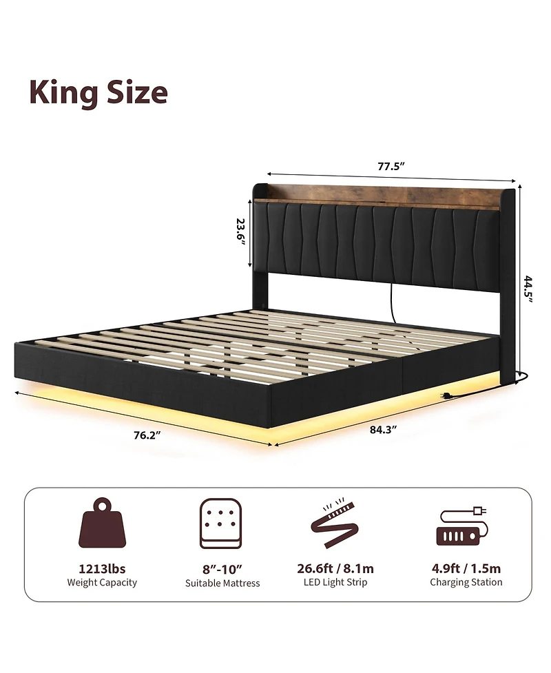 gaomon King Floating Bed Frame with Led Lights & Charging Station