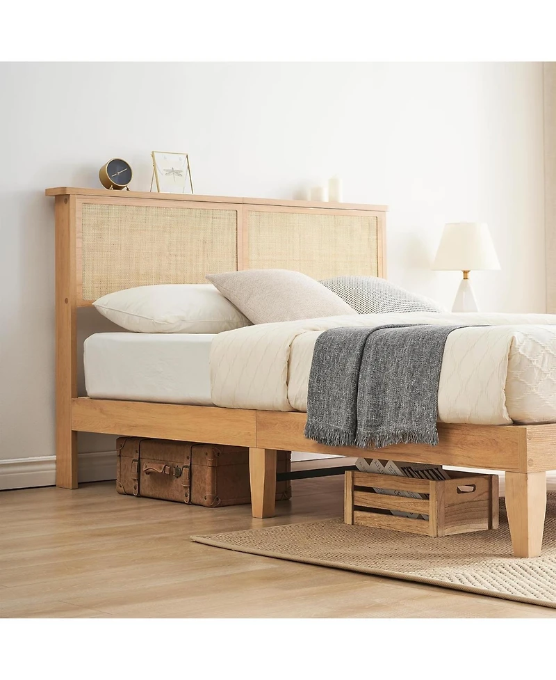 gaomon King Rattan Platform Bed Frame, Natural Boho Rattan Headboard with Led Lighting, Solid Wood Support and Quiet Slats, No Box Spring Required