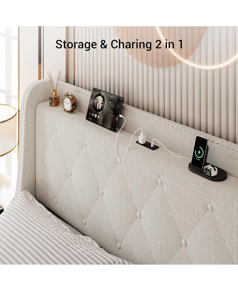 gaomon Upholstered Bed Frame with 4 Storage Drawers, Headboard and Storage, Platform Bed Frame with Charging Station & Wingback, No Box Spring Needed