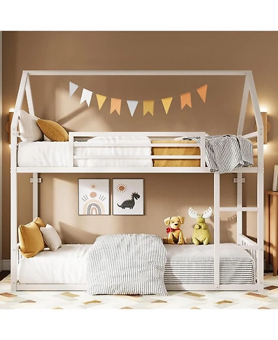 Likimio Bunk Bed Twin Over Twin with Ladder and Guardrail, House Shaped with Metal Slats for Dormitory and Bedroom