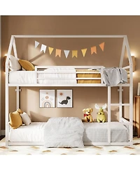 Likimio Bunk Bed Twin Over Twin with Ladder and Guardrail, House Shaped with Metal Slats for Dormitory and Bedroom