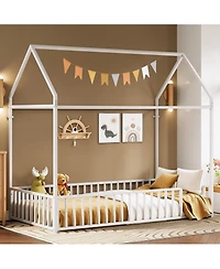 Likimio Twin Floor Bed Frame with Roof & Guardrails, Metal House Bed, White, No Box Spring