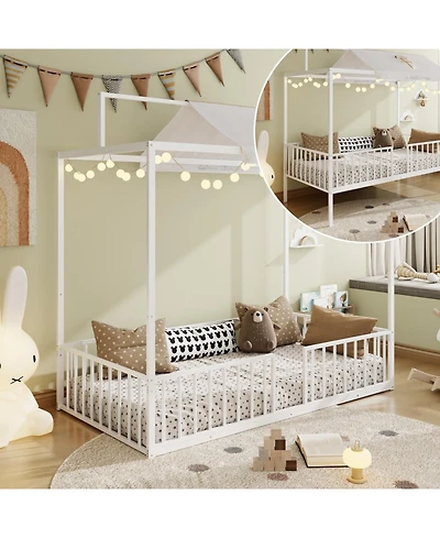 Streamdale Furniture Streamdale Montessori 3-in-1 Convertible Metal Toddler Bed with Canopy, Twin, Black