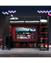 Streamdale Furniture Wood Gaming Loft Bed w/ Desk, Shelves, Led, Rack, Black
