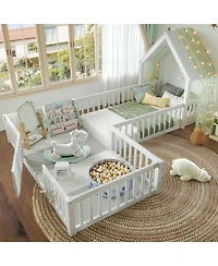 Streamdale Furniture Twin Size House Floor Bed with Door and Guardrails, White