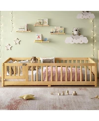 Streamdale Twin Size Floor Bed with Guardrails and Door for Kids, Natural