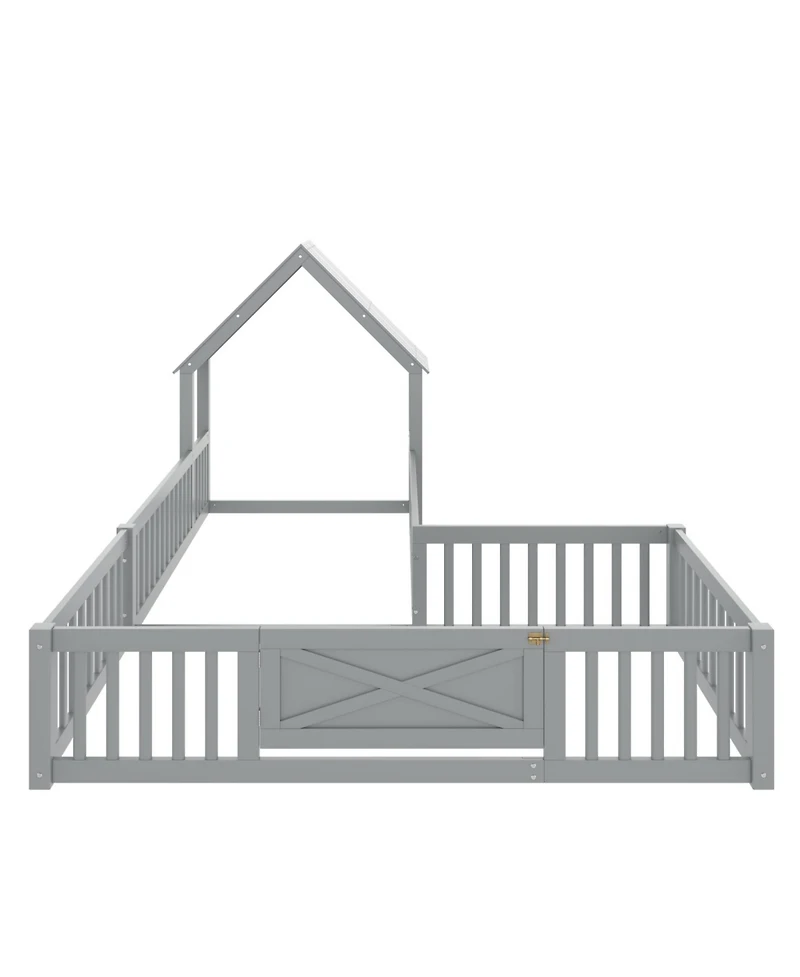 Streamdale Furniture Streamdale Twin Size House Floor Bed with Door and Guardrails, Grey