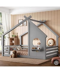 Streamdale Furniture Full House Floor Bed with Window & Shelf, Solid Wood, Grey
