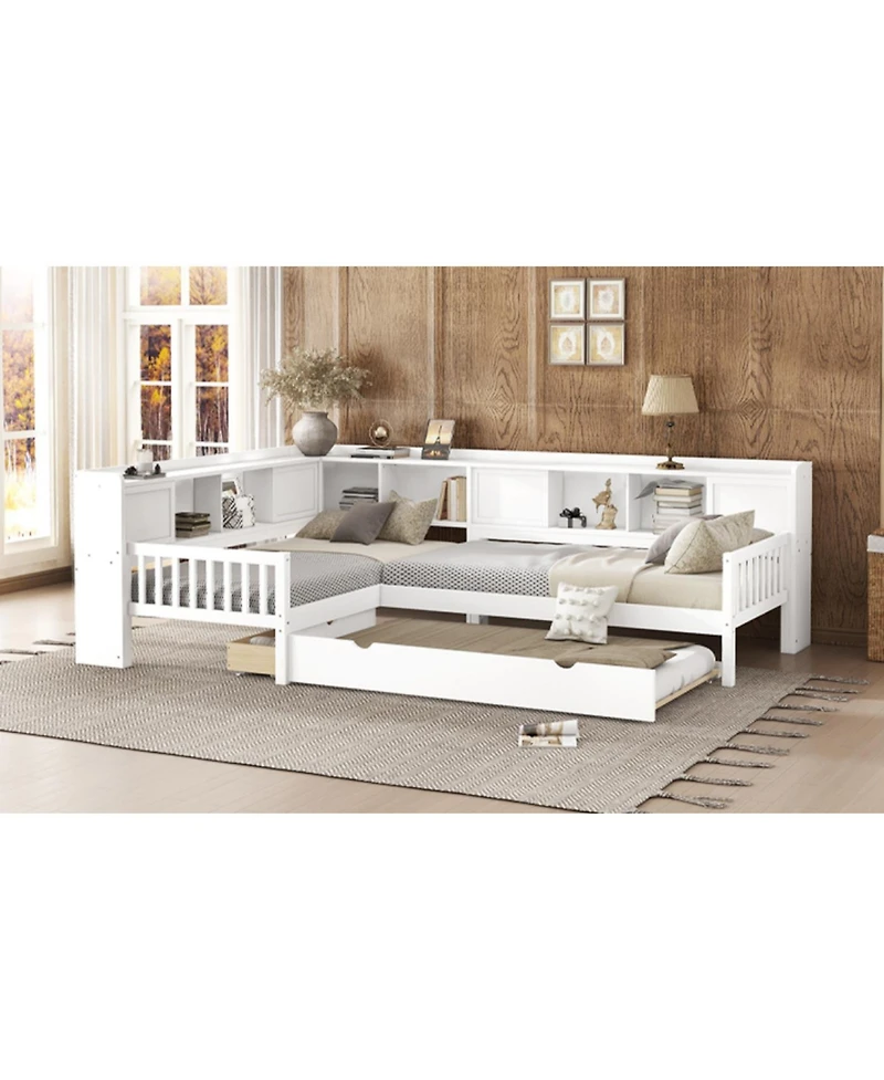 Streamdale Furniture L-shaped Twin Platform Bed with Trundle, Storage Drawers & Shelves, White