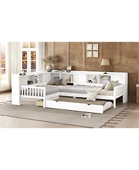 Streamdale Furniture L-shaped Twin Platform Bed with Trundle, Storage Drawers & Shelves, White