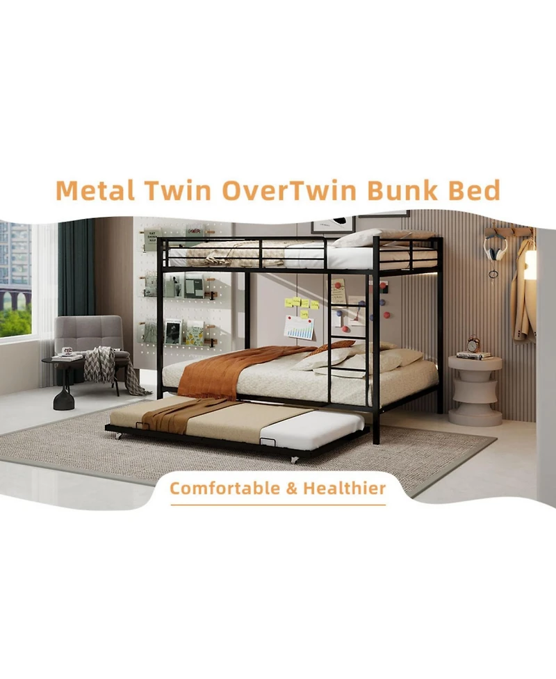 Streamdale Furniture Durable Square Tube Iron Bunk Bed with Safety Rails - Queen Size