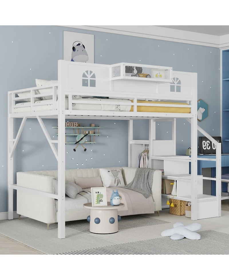 Streamdale Furniture Metal Full Loft Bed with Stairs Wardrobe