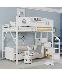 Streamdale Furniture Metal Full Loft Bed with Stairs Wardrobe