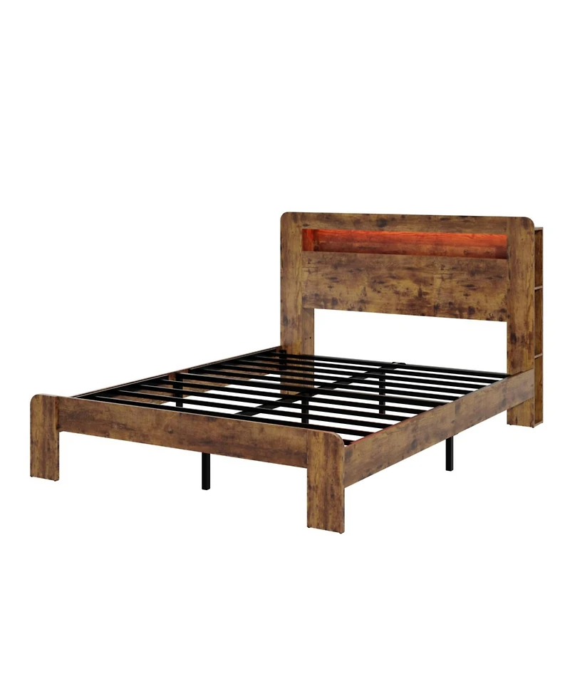 Streamdale Furniture Streamdale Bed Frame King Size Wood Platform with Storage, Led, Usb, Dark Brown