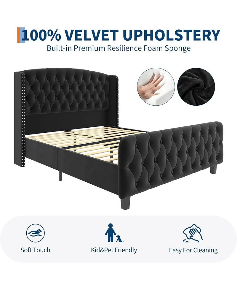 gaomon 51" Tall Velvet Upholstered Bed Frame with Deep Button Tufted Wingback Headboard & Footboard