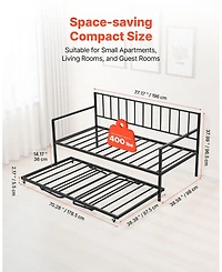 Slickblue Metal Pull-Out Trundle, Led Lights, Charging Station, Adjustable Backrest Daybed Frame