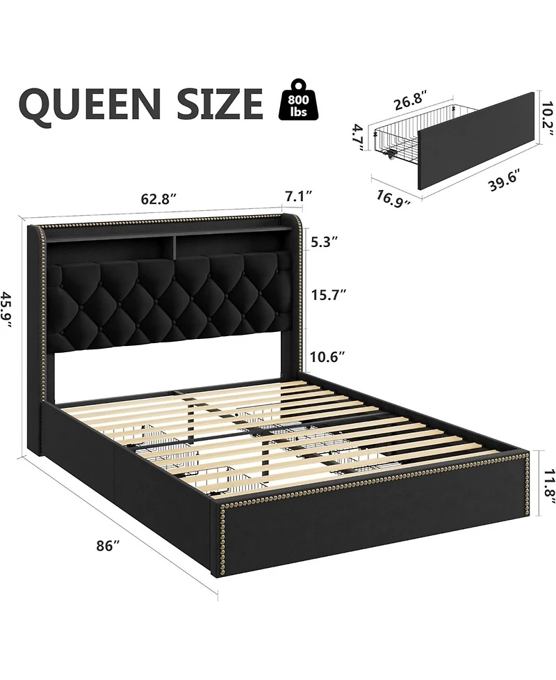 gaomon Queen Size Velvet Bed Frame with 4 Storage Drawers, Tufted Headboard, Nailhead Trim, No Box Spring Needed, Black