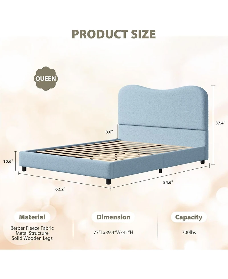 gaomon Queen Size Blue Boucle Bed Frame with Upholstered Headboard, Low Profile, Heavy Duty Wooden Slats, No Box Spring Needed