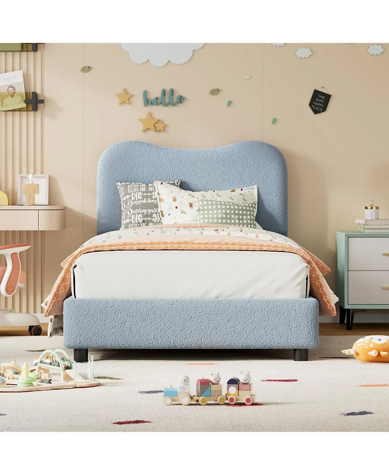 gaomon Twin Size Blue Boucle Kids Bed Frame with Upholstered Headboard, Low Profile, Heavy Duty Wooden Slats, No Box Spring Needed