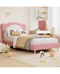 Gaomon Twin Size Kids Upholstered Bed Frame with Adjustable Scallop Velvet Headboard, Princess Platform, Pink & White