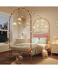 Twin Size Canopy Bed Frame with Upholstered Headboard, Underbed Storage, Decorative Arched Metal, Pink