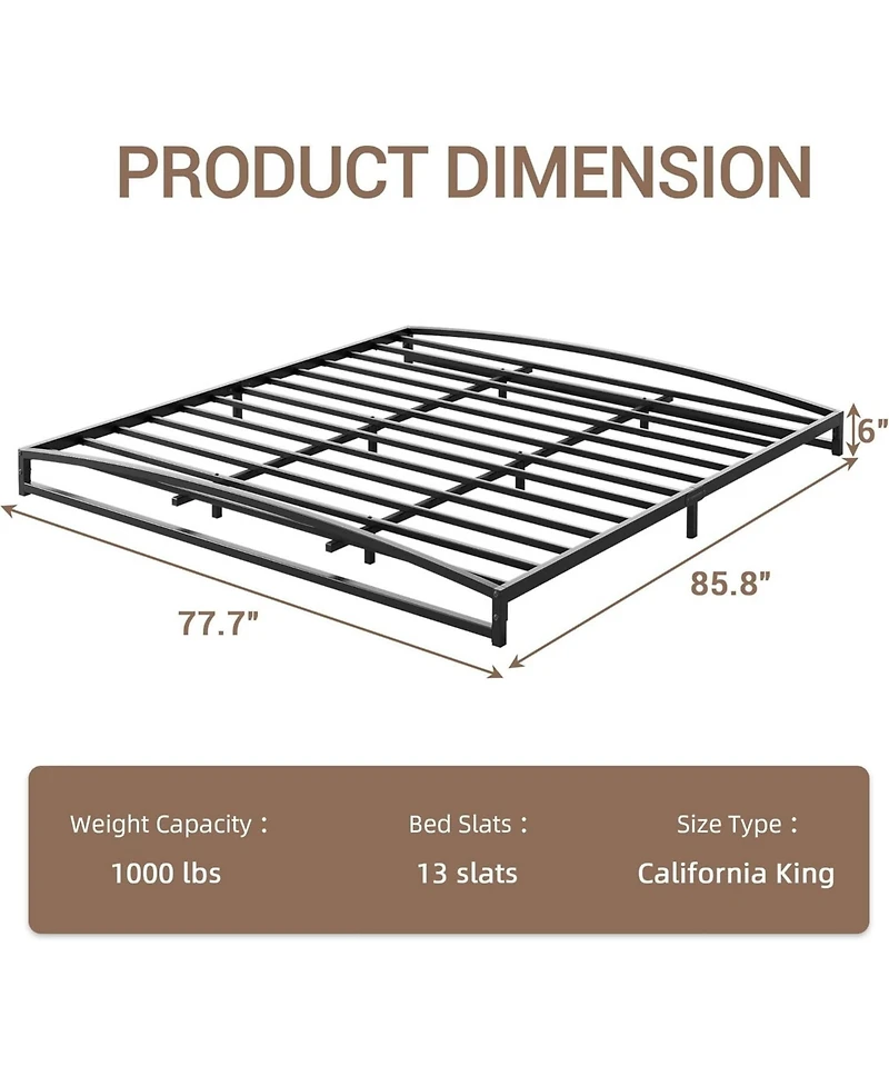 gaomon California King 6 Inch Metal Platform Bed Frame Heavy Duty Slats Underbed Storage Noise-Free Non-Slip