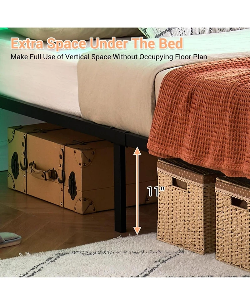 gaomon Full Size Rattan Bed Frame Rgb Led Lights Black Boho Metal Platform Headboard Footboard No Box Spring Noise-Free