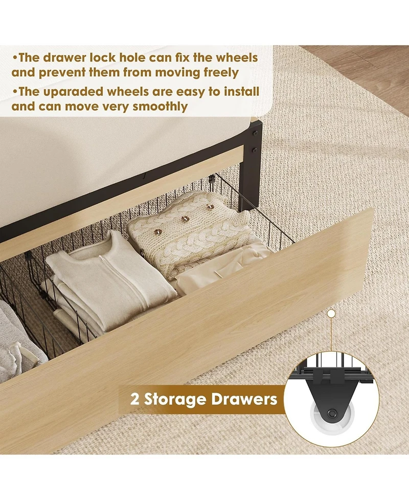 gaomon Full Size Rattan Bed Frame 2 Drawers Wooden Platform Rattan Headboard Led Lights Boho Storage Bed Noise Free No Box Spring Natural Oak