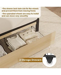 gaomon Full Size Rattan Bed Frame 2 Drawers Wooden Platform Rattan Headboard Led Lights Boho Storage Bed Noise Free No Box Spring Natural Oak