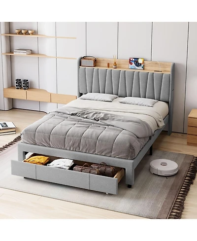 gaomon Queen Size Upholstered Platform Bed Frame Storage Drawers Power Socket Wooden Slats No Box Spring Easy Assembly