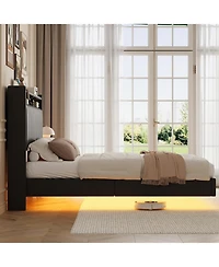 gaomon Queen Size Floating Bed Frame Rgb Led Lights Charging Station Storage Headboard 50in Headboard Upholstered Platform Black