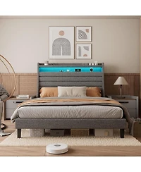 gaomon Queen Size Upholstered Platform Bed Frame with Headboard Charging Station Led Lights Wooden Slats No Box Spring