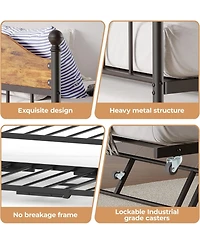gaomon Twin Size Metal Daybed with Trundle Foldable Trundle Sofa Bed Stylish Headboard for Living Room, Bedroom, Guest Room Brown