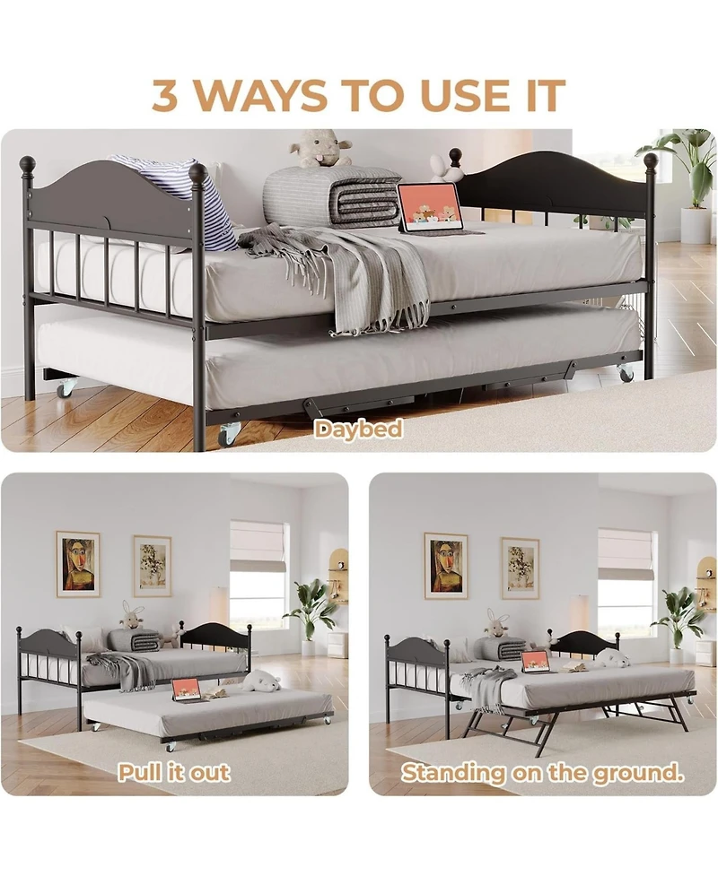 gaomon Twin Size Metal Daybed with Pop Up Foldable Trundle Heavy Duty Sofa Bed Stylish Headboard Steel Slats Rustic