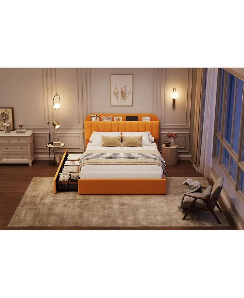 gaomon Full Size Boucle Upholstered Platform Bed Frame with Bookcase Headboard 2 Drawers for Boys Yellow No Box Spring