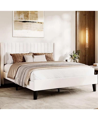 gaomon Full Size White Velvet Platform Bed Frame Channel Tufted Wingback Headboard Upholstered Wood Slats No Box Spring
