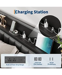 gaomon King Size Black Faux Leather Upholstered Platform Bed Frame with Storage Headboard Charging Station Usb Ports Outlets