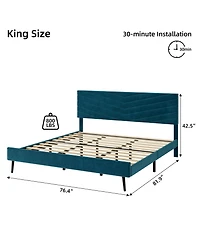 Easy Assembly King Size Bed Frame- Velvet Upholstered Platform Bed Space Saving, for Living Room, Guest Room