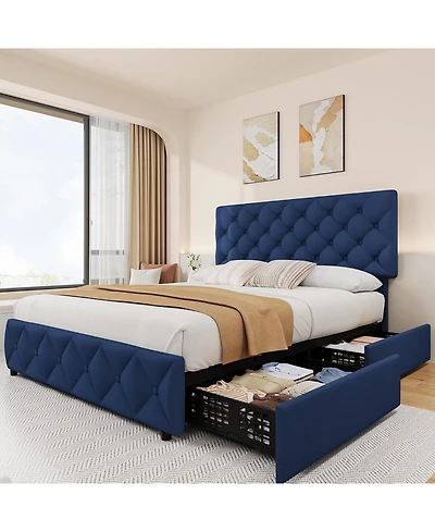 gaomon King Bed Frame with 4 Storage Drawers and Headboard, Linen Upholstered Platform