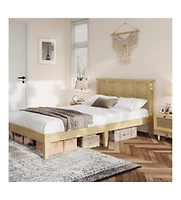 Gaomon Full Bed Frame with Headboard, Sturdy Wooden Slats, Metal Platform, Boho Cane Mattress Support