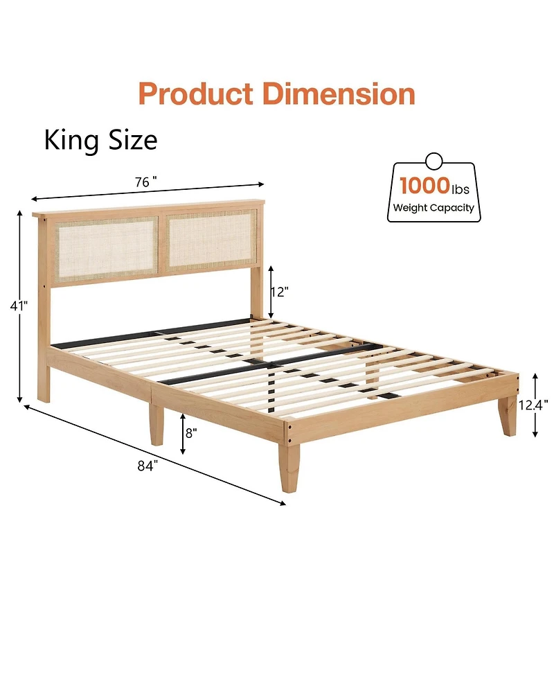 Gaomon King Size Rattan Bed Frame,Bohemian Rattan King Bed Frame with Natural Headboard, Led Lights, Foundation with Silent Slats