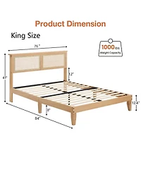Gaomon King Size Rattan Bed Frame,Bohemian Rattan King Bed Frame with Natural Headboard, Led Lights, Foundation with Silent Slats