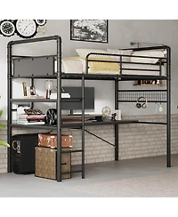 Gaomon Twin Loft Bed with L-Shaped Desk, Metal Frame, Two Shelves & Decorative Mesh, 13.4" Safety Guardrail Ladder, No Box Spring Required, Bro